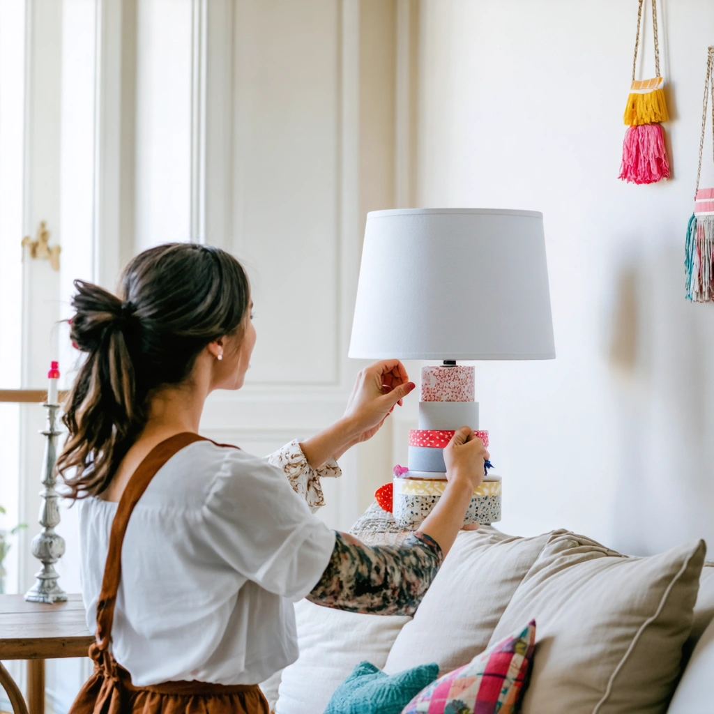 Femme décorant un abat-jour blanc avec du tissu et des décorations dans un salon chaleureux