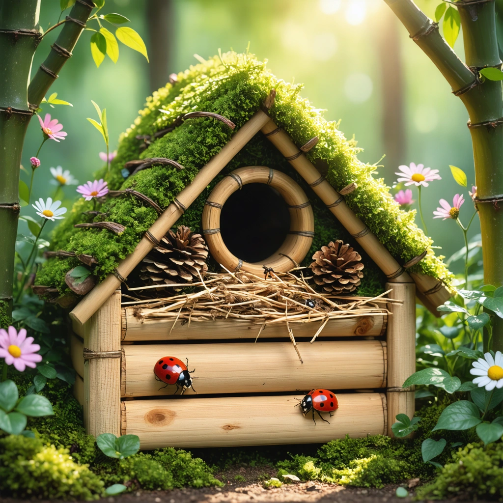 Un abri à coccinelles artisanal réalisé avec des matériaux naturels, installé dans un jardin fleuri avec deux coccinelles qui s'en approchent.