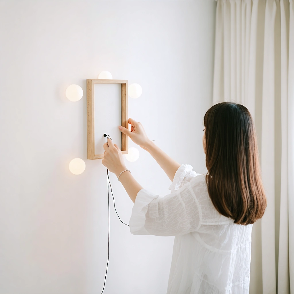 Une jeune femme accroche un petit cadre léger à l'aide d'un fil transparent sur un mur blanc, dans un intérieur chaleureux.