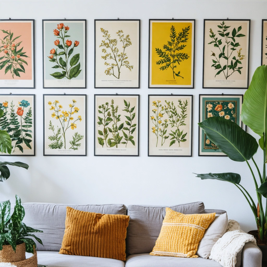 Vue d'un salon cosy avec plusieurs petites affiches décoratives originales accrochées au mur, mêlant botanique, vintage, minimalisme et illustrations colorées, entouré de plantes et d'une ambiance chaleureuse.