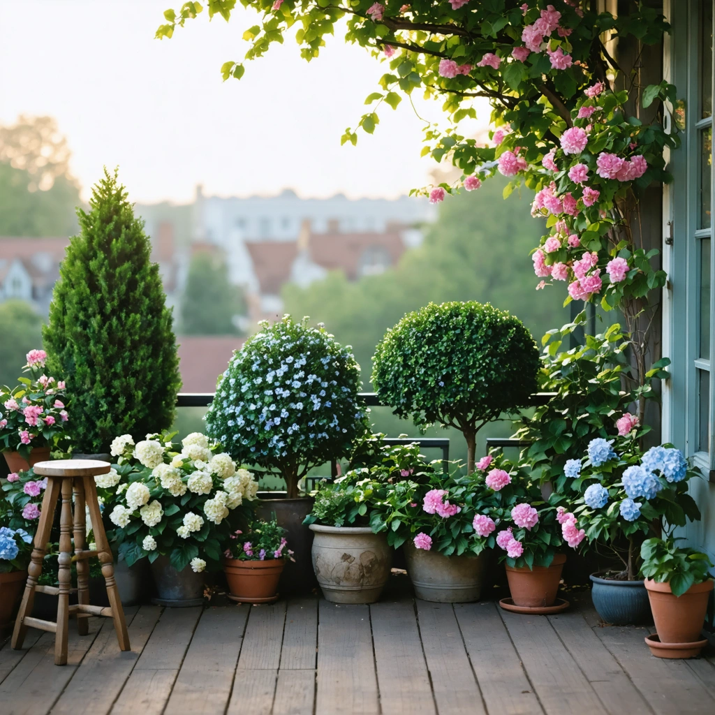 Petit balcon exposé au nord décoré avec différents arbustes fleuris en pot, comme hydrangea, rhododendron et fuchsia, créant une ambiance colorée et accueillante malgré l’ombre.