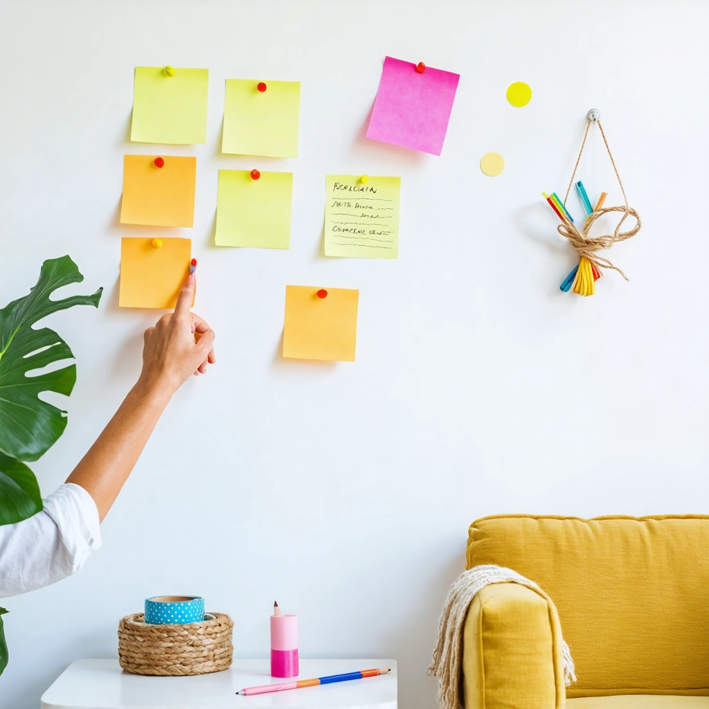 Une main marque un emplacement sur un mur avec des objets du quotidien comme du ruban adhésif, un post-it, et de la pâte à fixer, illustrant des méthodes alternatives au crayon dans une ambiance de bricolage convivial.