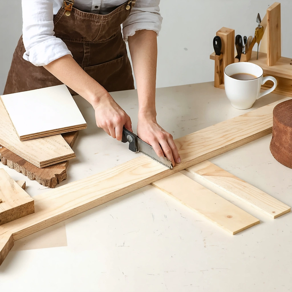 Une femme coupe délicatement une fine baguette de bois à la main avec une scie et une boîte à onglets sur un établi bien rangé, entourée d’outils de bricolage.