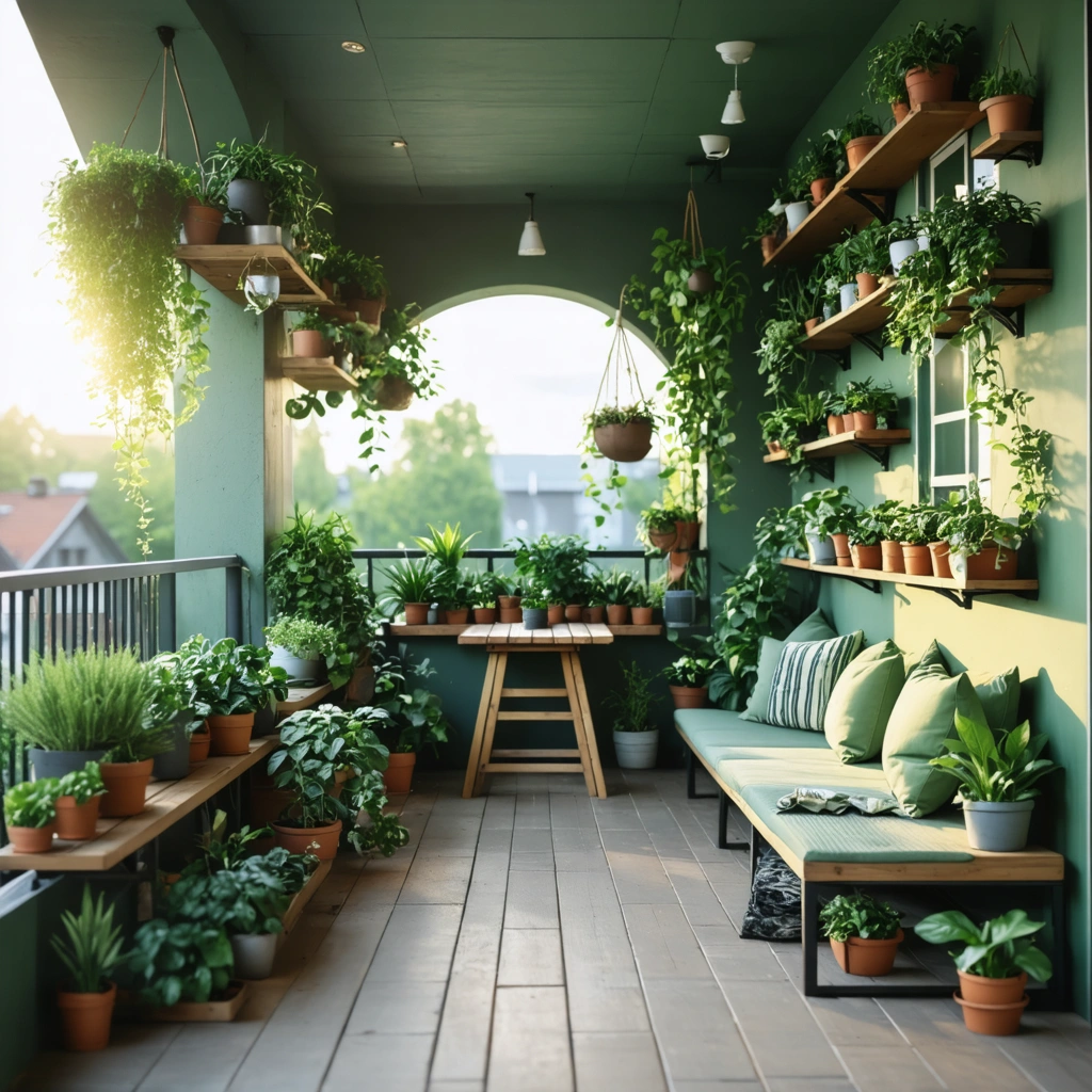 Un petit balcon en longueur aménagé de manière astucieuse avec une table pliante, un banc-coffre et des étagères verticales garnies de plantes, créant un espace accueillant et fonctionnel même dans un espace restreint.