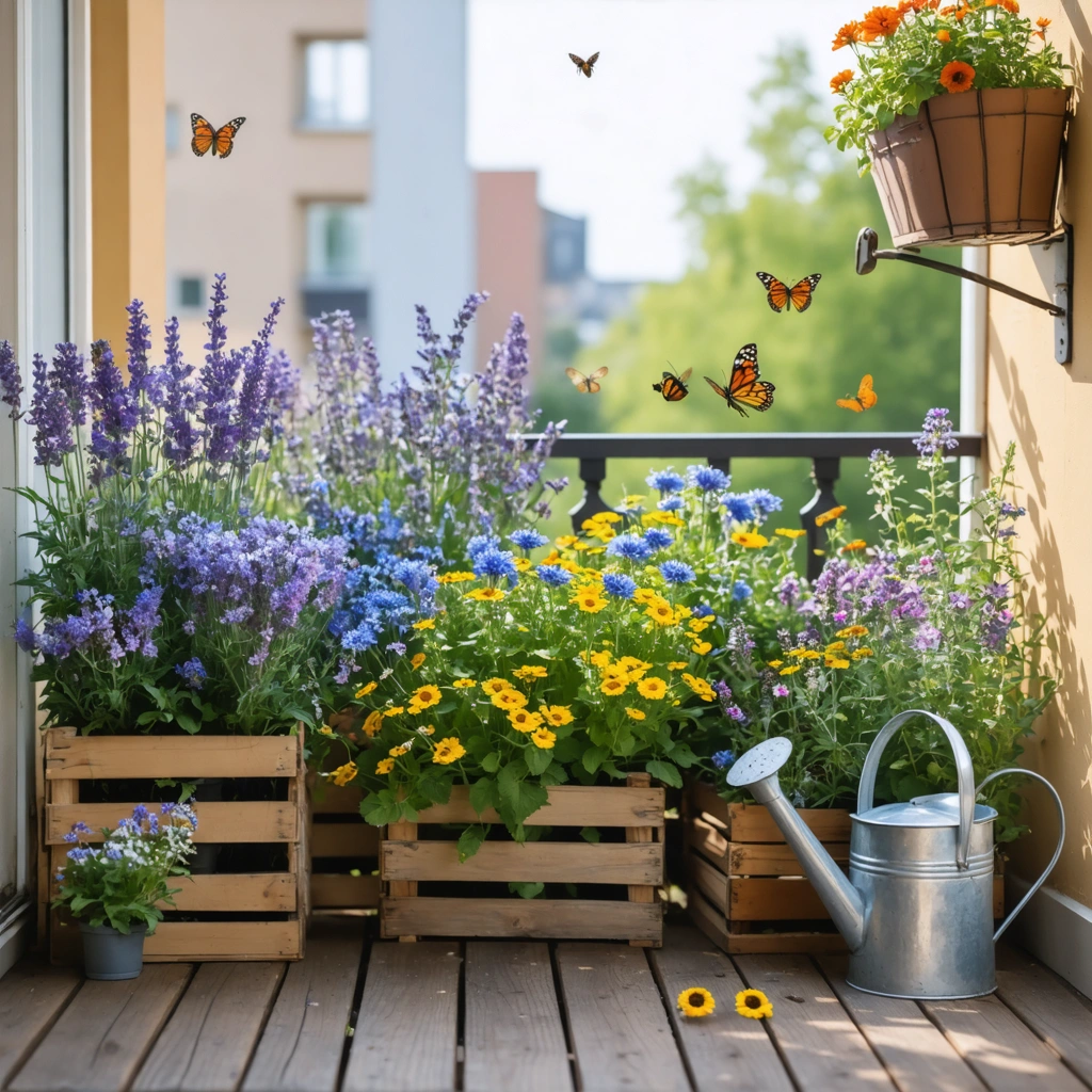 Balcon ensoleillé décoré de petites fleurs colorées attirant des abeilles et des papillons sur des pots, avec des villes en arrière-plan.
