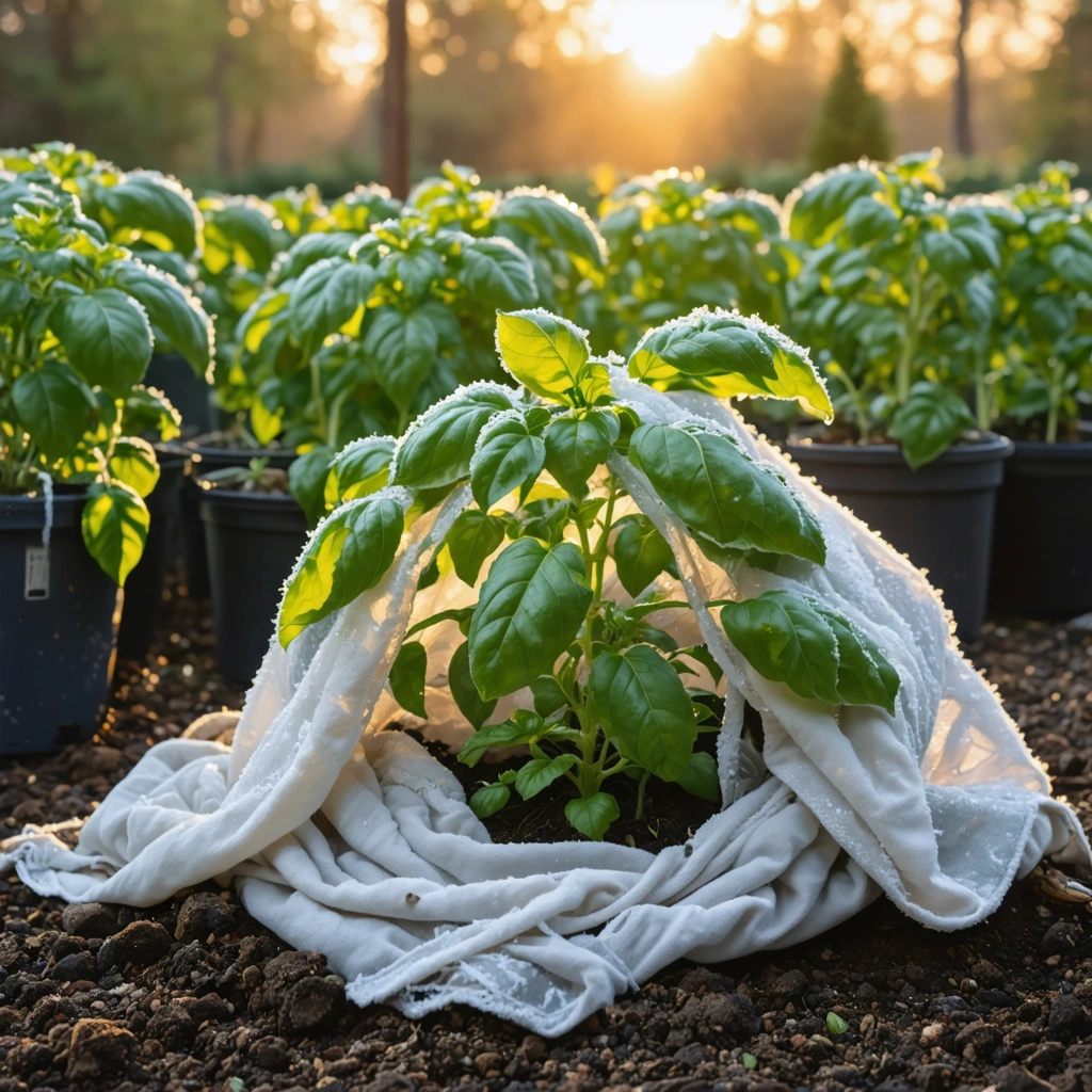 Un plant de basilic recouvert d'un voile d’hivernage léger dans un jardin, donnant une impression de protection contre le froid, avec une lumière du matin douce en arrière-plan.