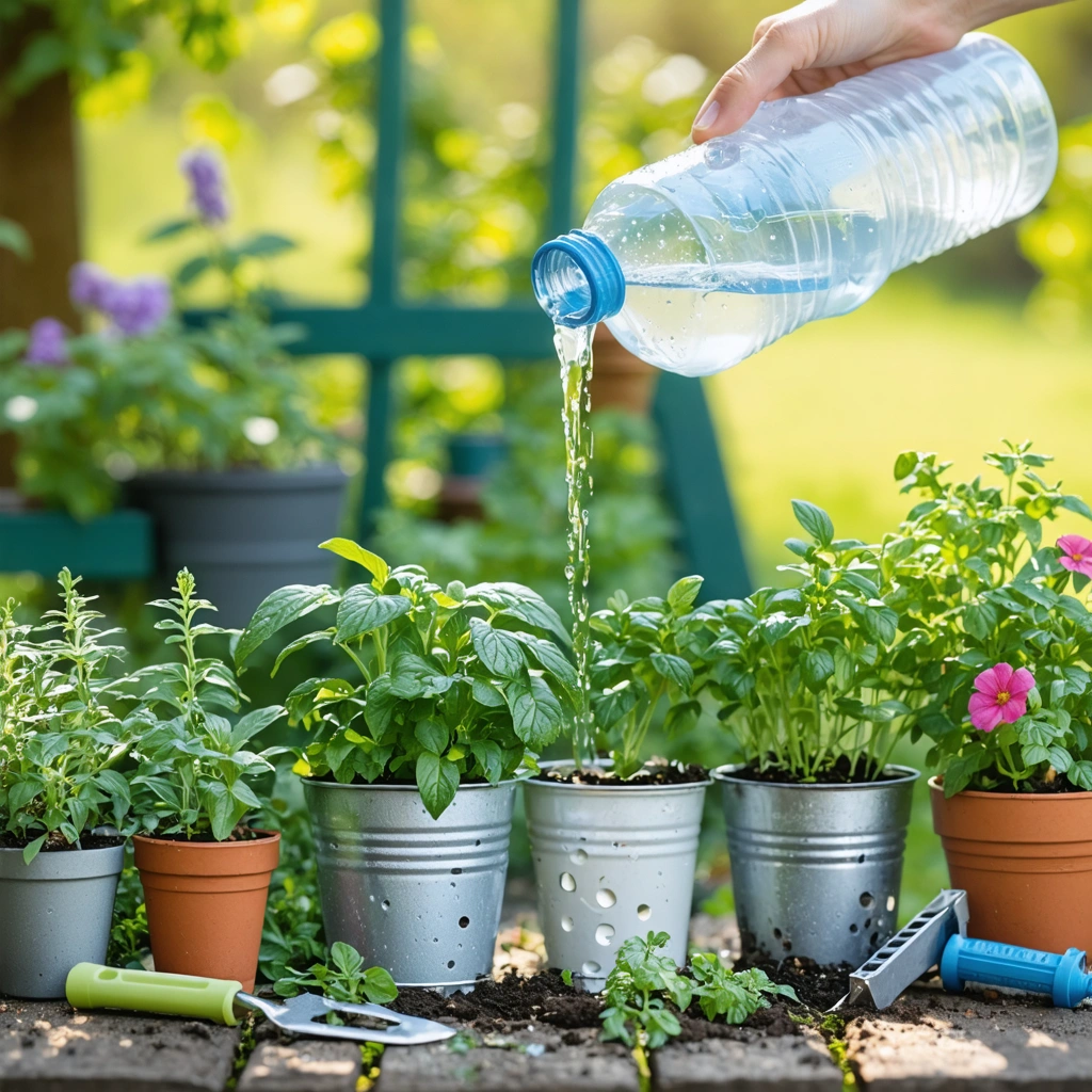 Une main arrose des plantes en pot avec une bouteille en plastique transformée en arrosoir dans un jardin