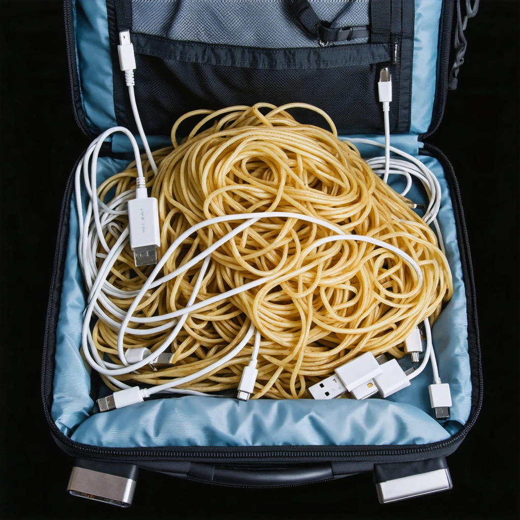 Des câbles de chargeurs et électroniques entremêlés en pelote au fond d’un sac de voyage, certains bien rangés, d’autres complètement noués, illustrant le désordre et les problèmes fréquents en déplacement.