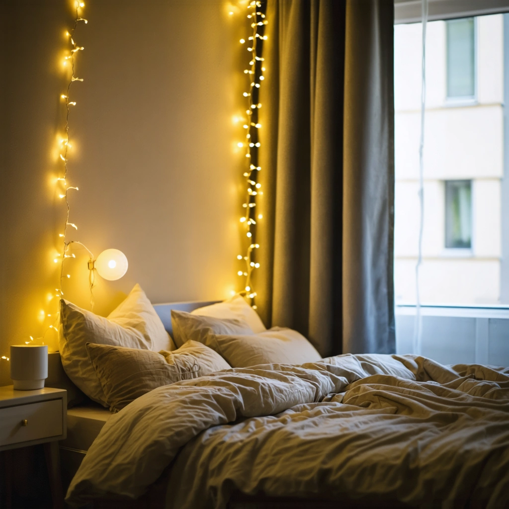 Une chambre d'amis accueillante avec un éclairage doux : lampe de chevet à lumière chaude, guirlande LED discrète et ambiance chaleureuse propice au cocooning.