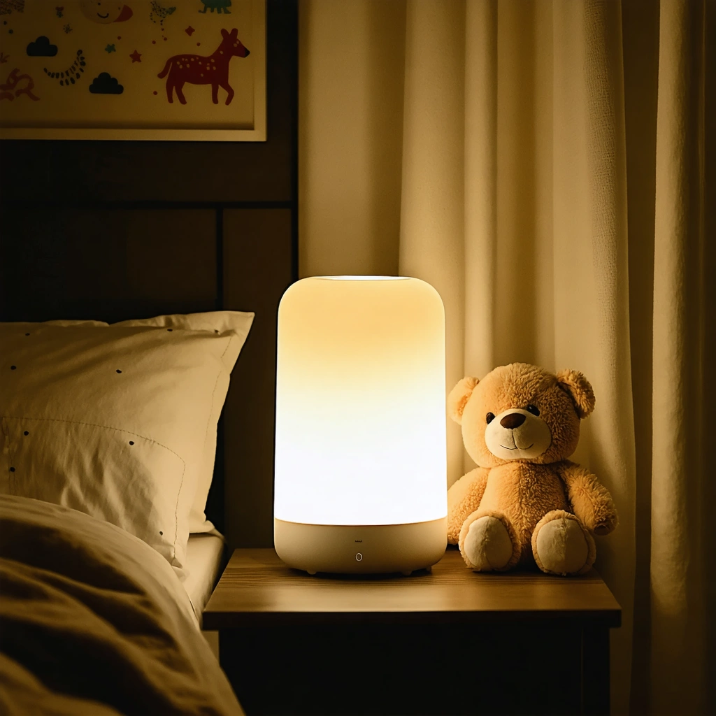 Une chambre d'enfant douillette la nuit, avec une lampe connectée diffusant une lumière douce près d'un doudou sur la table de nuit, et un parent utilisant un smartphone pour régler la lumière.