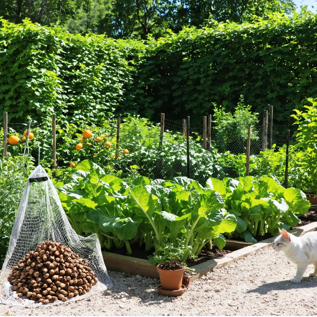 Un potager luxuriant protégé par des barrières naturelles et des répulsifs, avec un chat qui observe de loin sans entrer