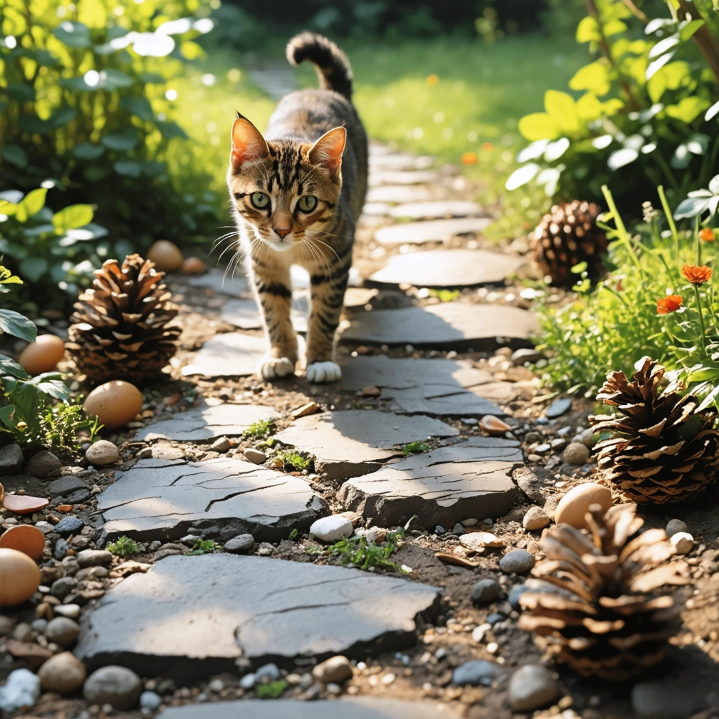 Chat marchant prudemment dans un jardin où le sol est recouvert de graviers, coquilles d'œufs broyées et pommes de pin, montrant des textures que les chats évitent.