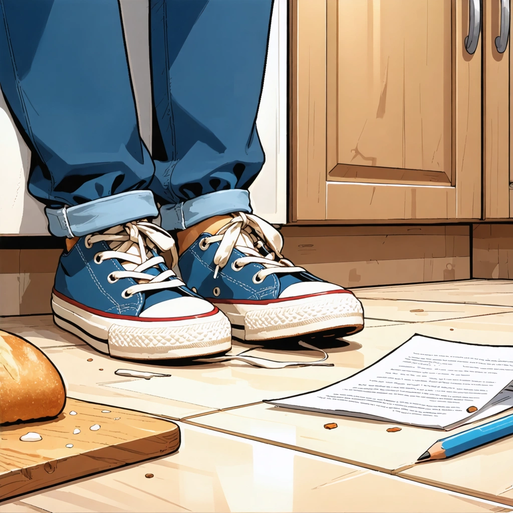Deux chaussures de sport posées sur le sol, leurs lacets défaits, avec une tartine et une lettre ouverte en arrière-plan pour montrer une scène de matin pressé.