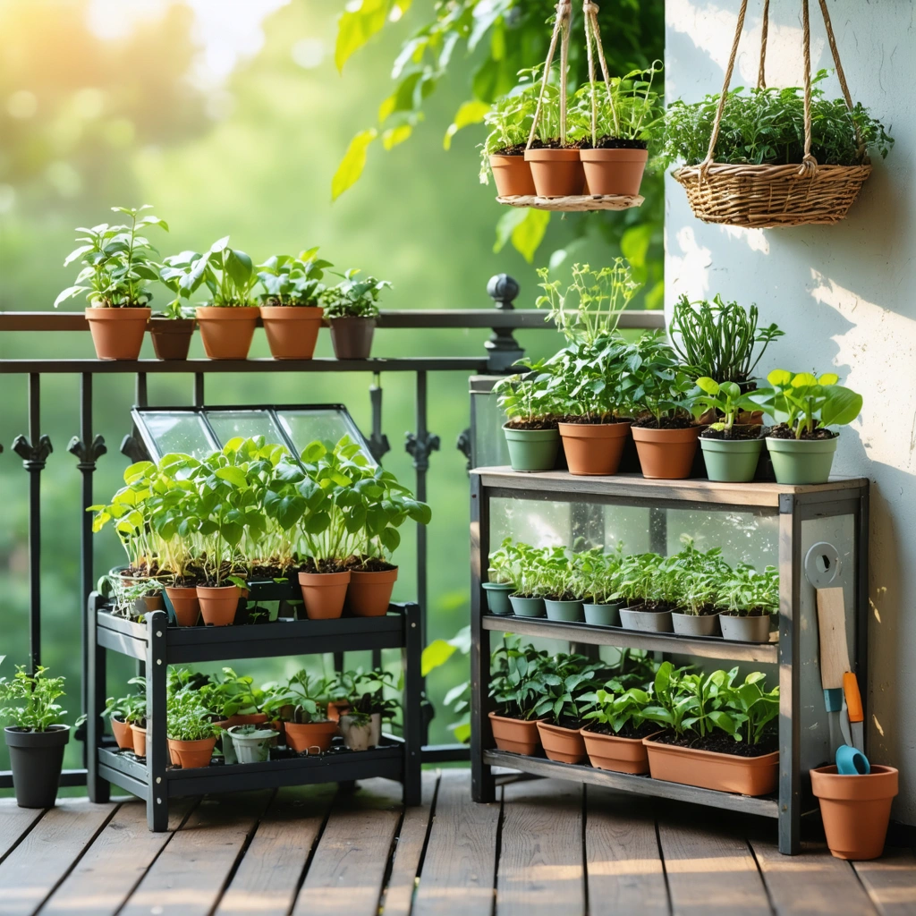 Un coin semis organisé sur un balcon avec mini-serre, pots, étiquettes et outils de jardinage.