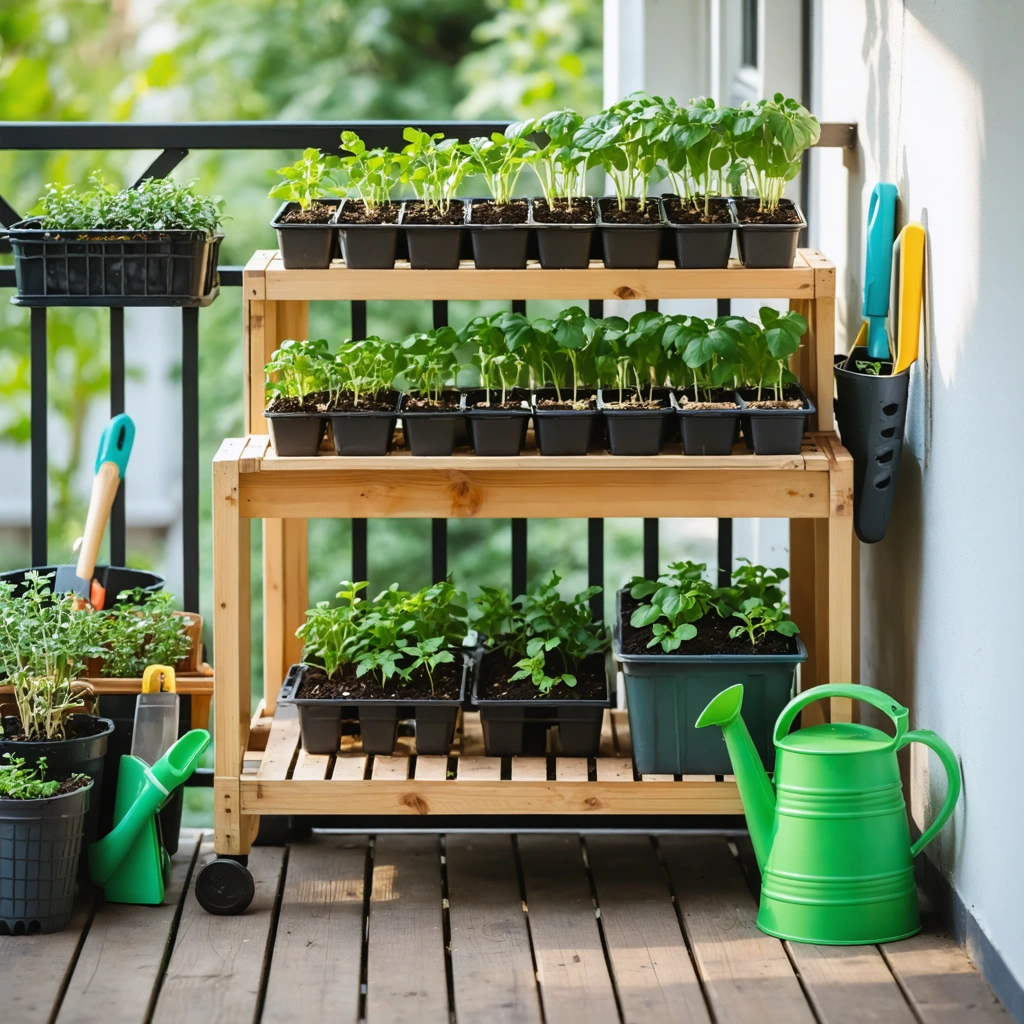 Petit coin organisé pour les semis sur un balcon, avec une table, des plants qui poussent dans des godets, des outils de jardinage rangés et un espace libre pour circuler.