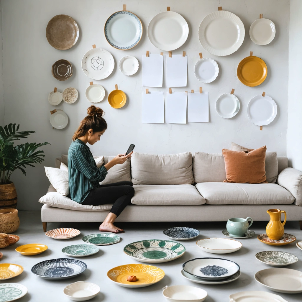 Une personne dispose des assiettes de différentes tailles et motifs au sol, prenant des photos pour imaginer une composition murale. Quelques feuilles de papier avec des contours d’assiettes sont scotchées au mur pour préparer l’accrochage.