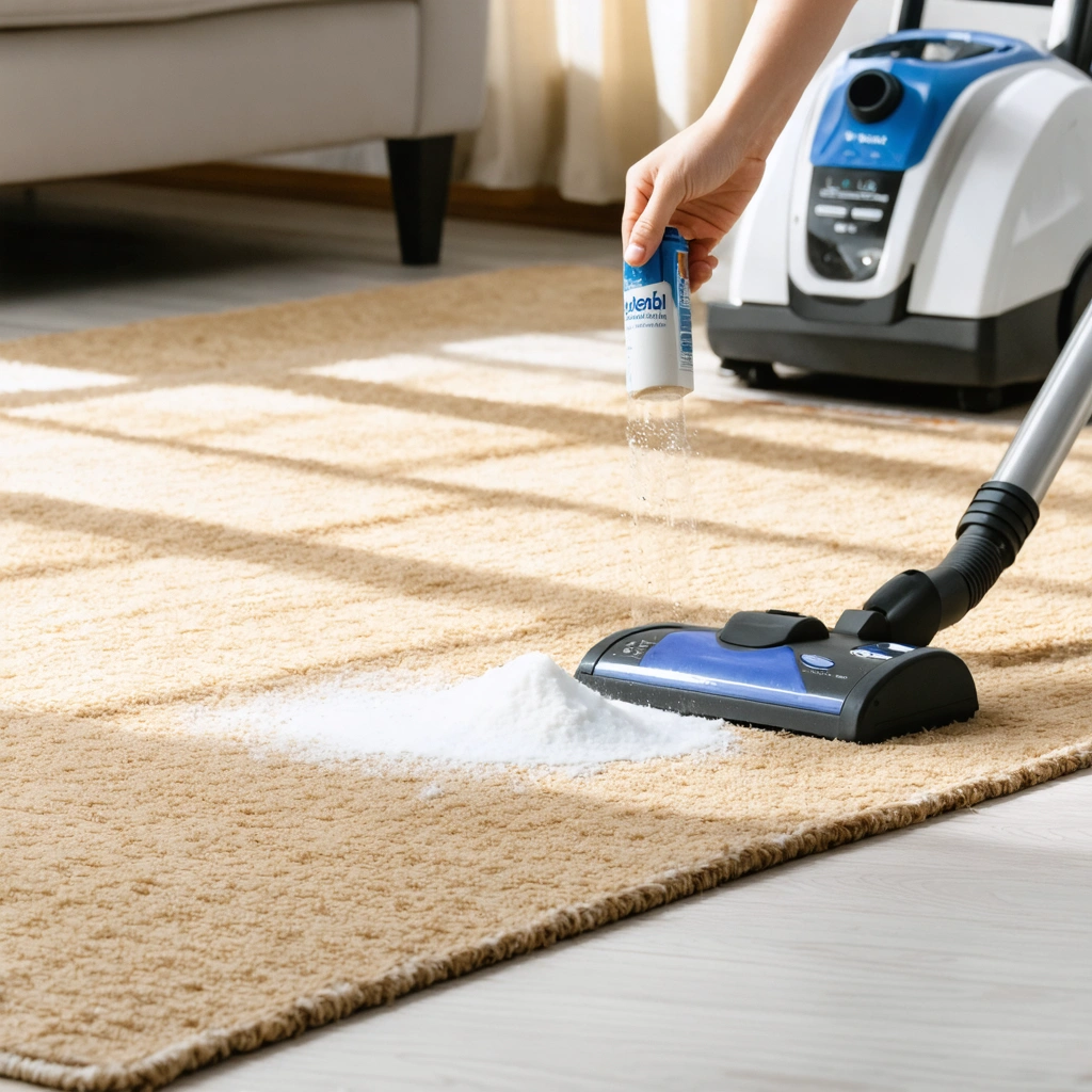 Une main nettoie délicatement un tapis en sisal naturel dans un salon lumineux, en saupoudrant du bicarbonate de soude sur une tache.