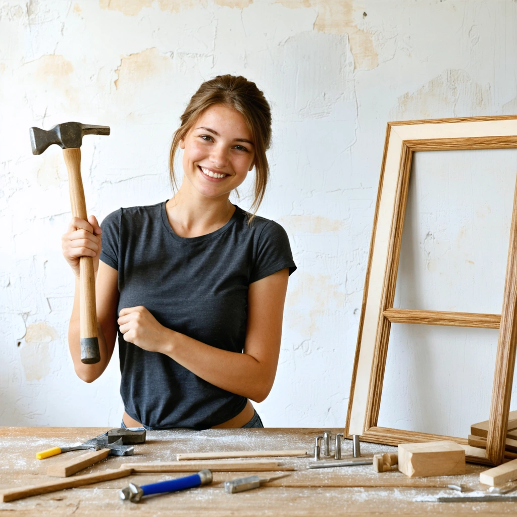 Une jeune femme souriante prépare à accrocher un cadre sur un mur qui s’effrite, entourée d’outils et de fixations adaptées.