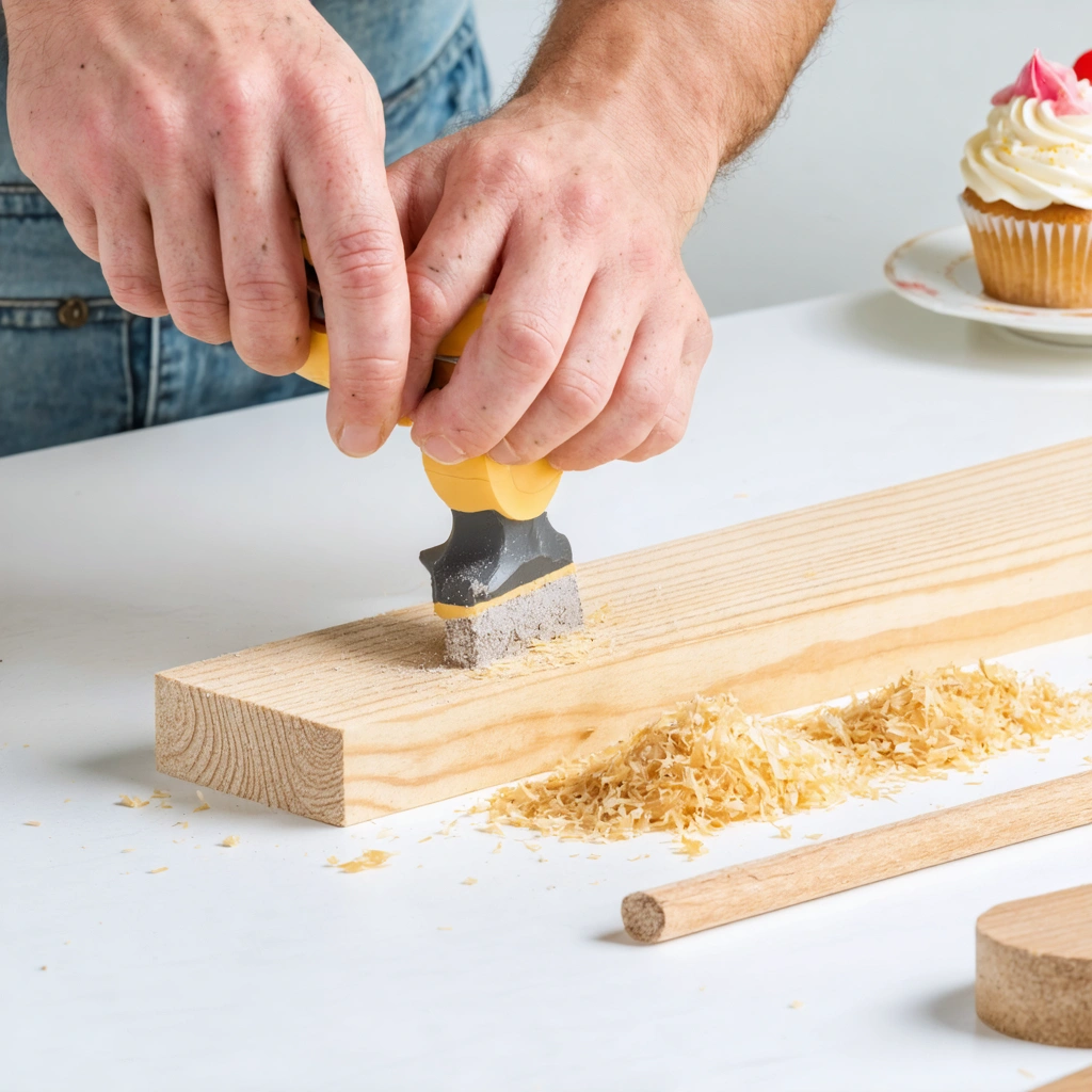 Des mains poncent délicatement le bord d'une baguette en bois coupée, avec du papier de verre et du ruban de masquage visibles, le tout sur un fond lumineux avec un cupcake présent en arrière-plan.