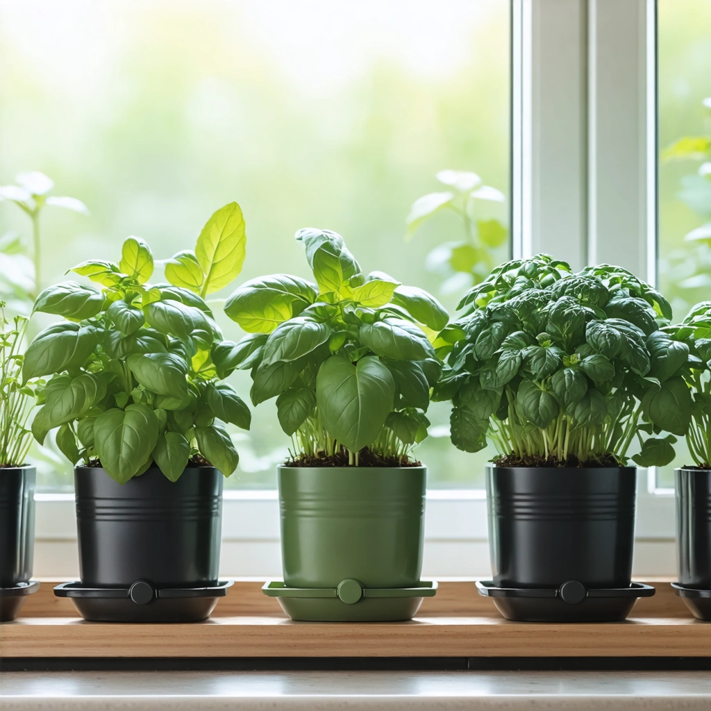 Petits pots de basilic, menthe et persil disposés côte à côte sur un plan de travail lumineux, illustrant un potager aromatique compact en cuisine.