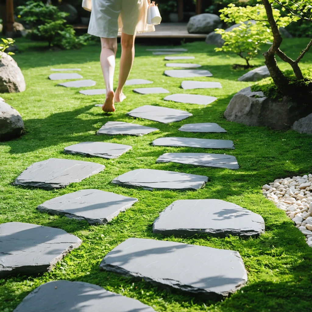 Un jardin d'été avec des pas japonais en ardoise formant un chemin sur la pelouse, entouré de plantes, avec une personne marchant pieds nus avec une tasse de café à la main.
