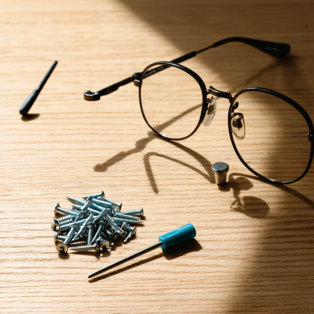 Kit de réparation pour lunettes avec petites vis, tournevis et une paire de lunettes posé sur une table