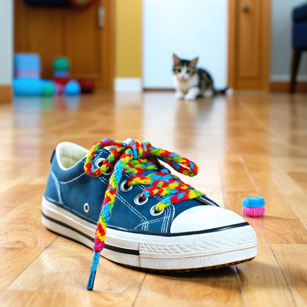 Des baskets sur un sol en parquet, avec des lacets parfaitement faits, un chat passe à côté dans une maison chaleureuse.