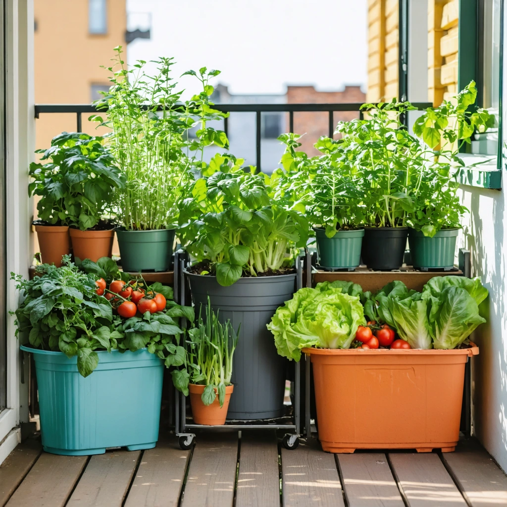 Un petit balcon urbain avec des pots colorés débordant de légumes et d’herbes, créant une atmosphère accueillante et facile à vivre.
