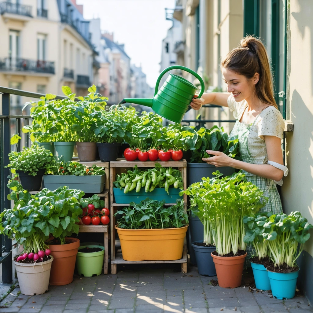 Une jeune femme souriante prenant soin de légumes variés et faciles à cultiver en pots sur un balcon urbain ensoleillé, avec des tomates cerises, radis, salades, haricots nains et courgettes compactes, entourée de fleurs et d'une arrosoir fait maison.