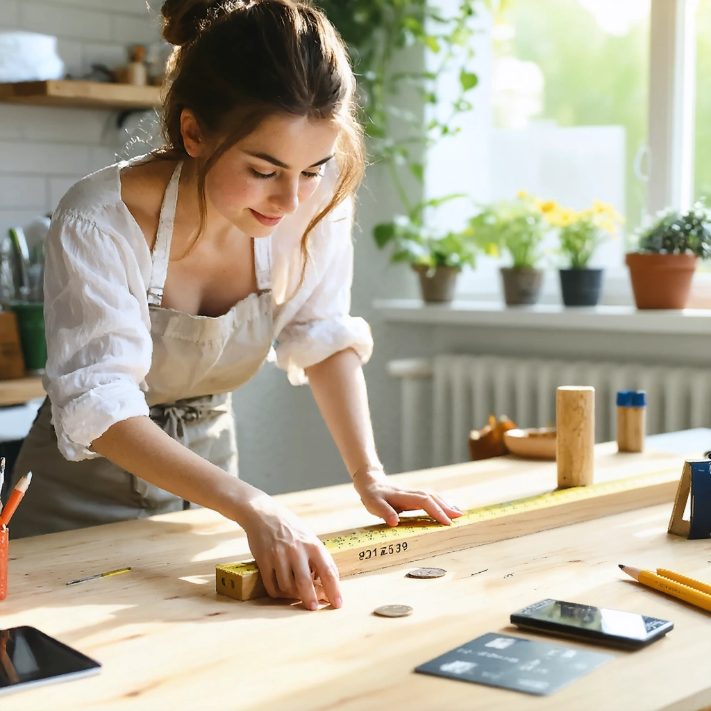 Une jeune femme mesure une petite distance sur une planche en bois avec ses mains entourée d'objets du quotidien comme une carte bancaire, une pièce de monnaie et un stylo, dans un atelier lumineux.
