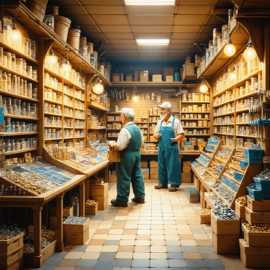Une personne examine des boîtes de très petites vis dans un rayon de quincaillerie, tandis qu'un vendeur souriant l'aide à chercher la bonne pièce, entourés d'étagères remplies d'objets de bricolage.