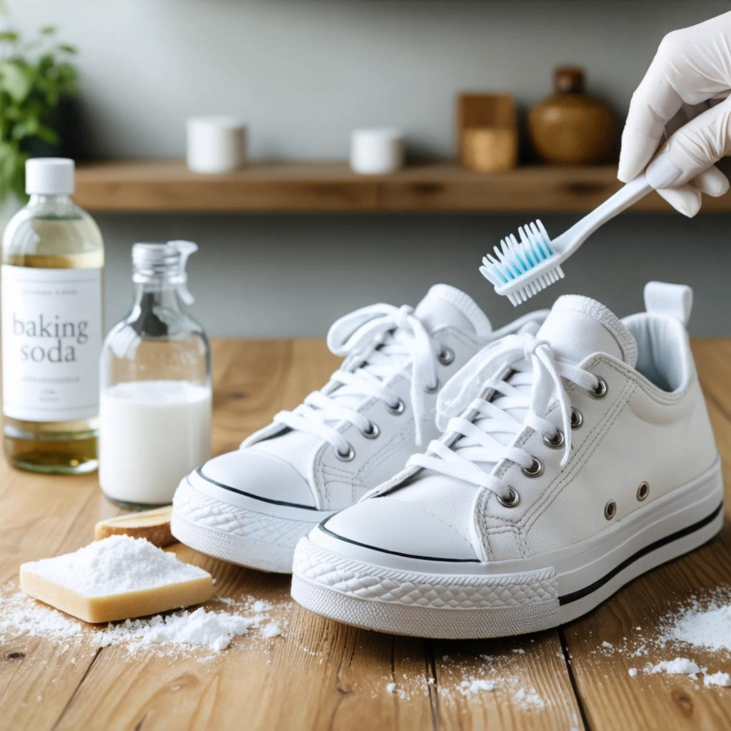 Une paire de baskets blanches en cours de nettoyage, posées sur une table avec bicarbonate, vinaigre blanc, dentifrice et brosse à dents.