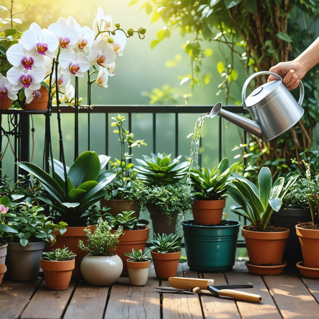 Orchidées d'extérieur en pot arrosées délicatement sur une terrasse ensoleillée, entourées d'autres plantes et outils de jardinage.
