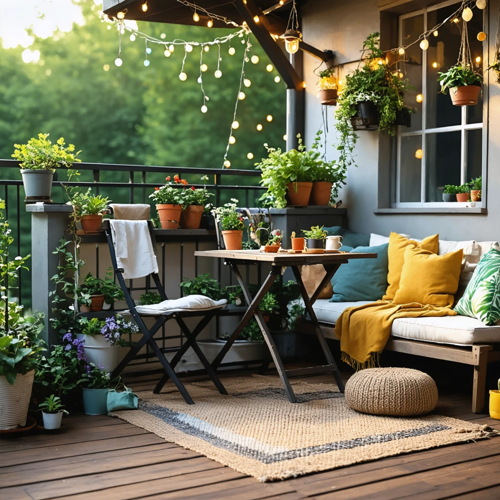 Un petit balcon d'appartement joliment aménagé avec des plantes, des coussins colorés, une table pliante, des guirlandes lumineuses et un tapis d'extérieur.
