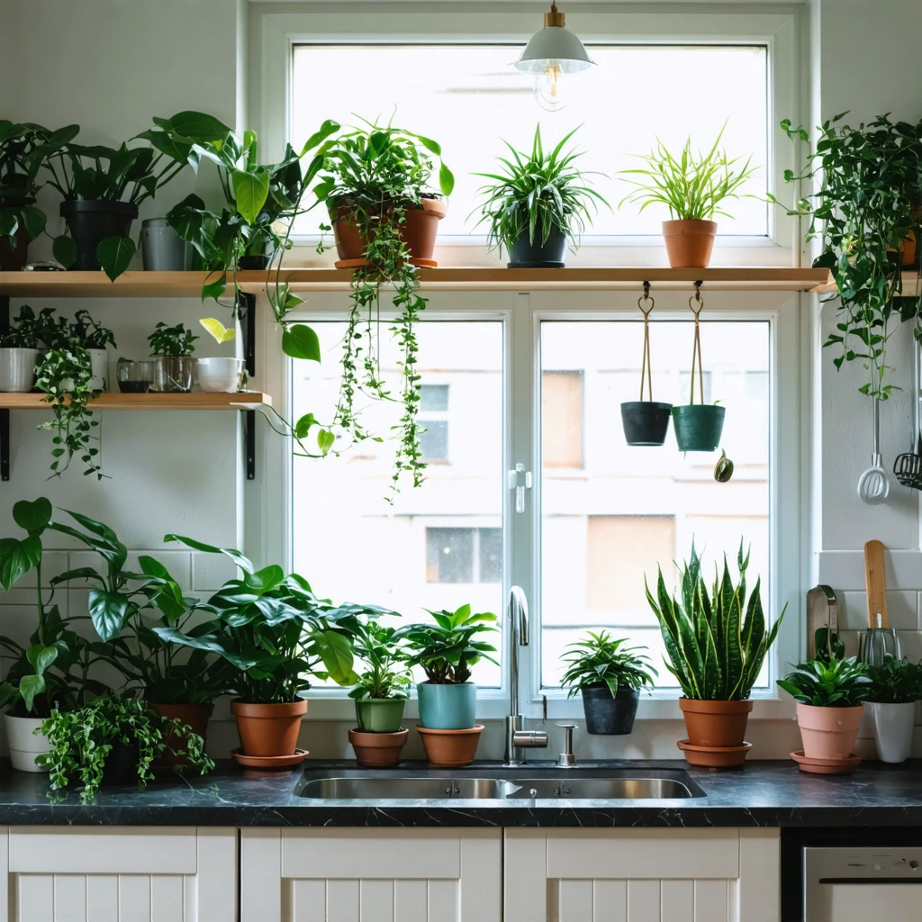 Photo d'une petite cuisine lumineuse décorée avec différentes petites plantes vertes faciles d'entretien sur les étagères et le rebord de fenêtre.