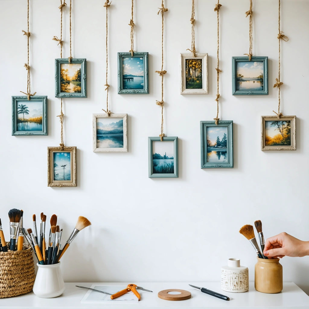 Plusieurs petits cadres légers accrochés avec du fil à un mur blanc, une main ajuste délicatement un cadre, illustrant la facilité et la créativité du système de suspension par fil.