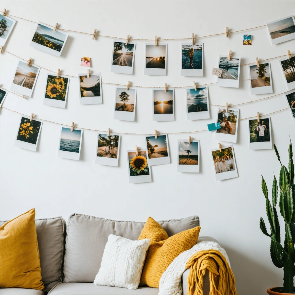Un mur intérieur chaleureux orné de photos sans cadre fixées à l'aide de masking tape coloré, ficelle avec mini-pinces et supports magnétiques, dans une ambiance cosy et personnalisée.