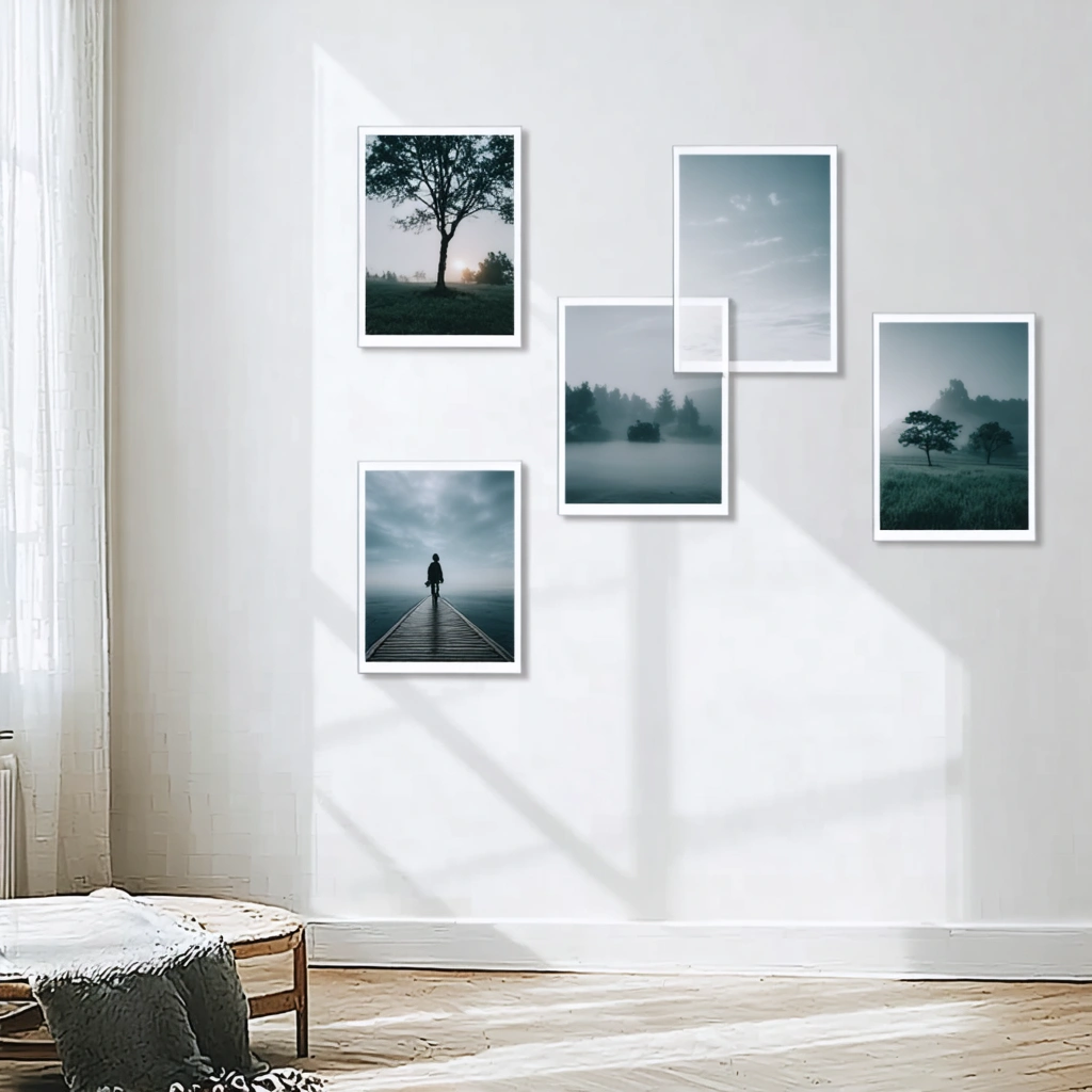 Plusieurs petites photos semblent flotter sur un mur blanc dans un intérieur moderne et minimaliste, sans que l’on voie d’accroches ou de supports.