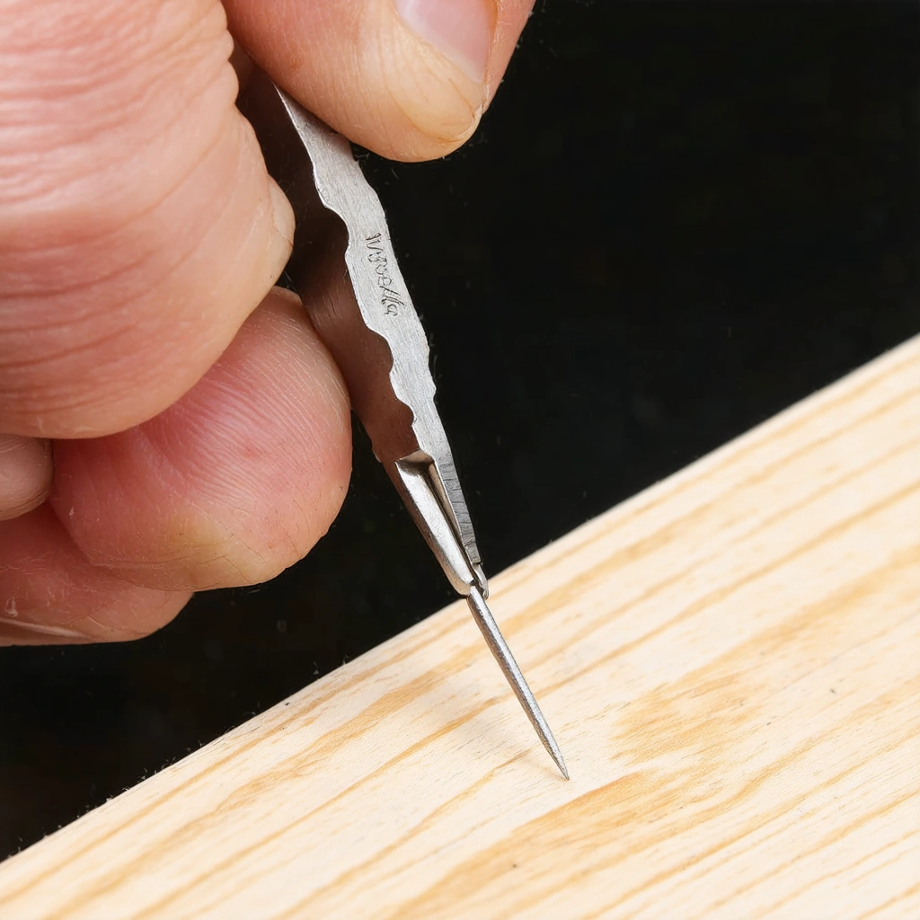 Une main utilise une pince à bec fin pour extraire une agrafe incrustée dans une pièce de bois, illustrant un travail précis et minutieux.