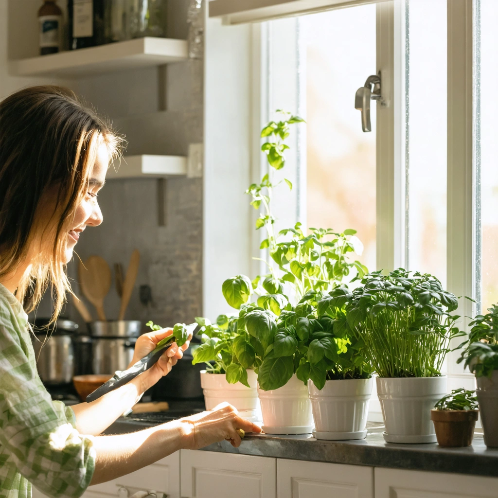 Une jeune femme souriante coupe des herbes aromatiques fraîches installées sur un rebord de fenêtre ensoleillé dans une cuisine moderne.