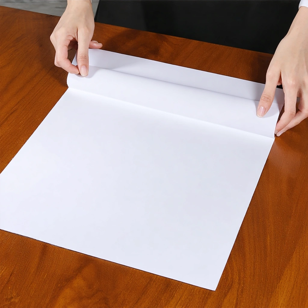 Des mains en train de plier soigneusement une feuille de papier A4 sur une table, montrant les plis successifs pour obtenir des segments précis et droits, rappelant la technique de l’origami.