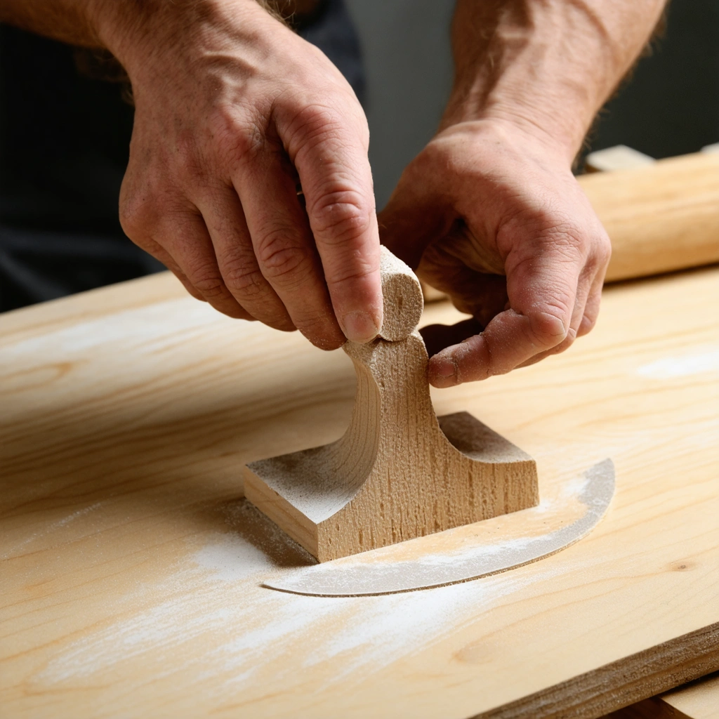 Deux mains poncent délicatement un petit objet en bois de forme irrégulière, avec du papier de verre, mettant en valeur les courbes et les détails complexes de l'objet.