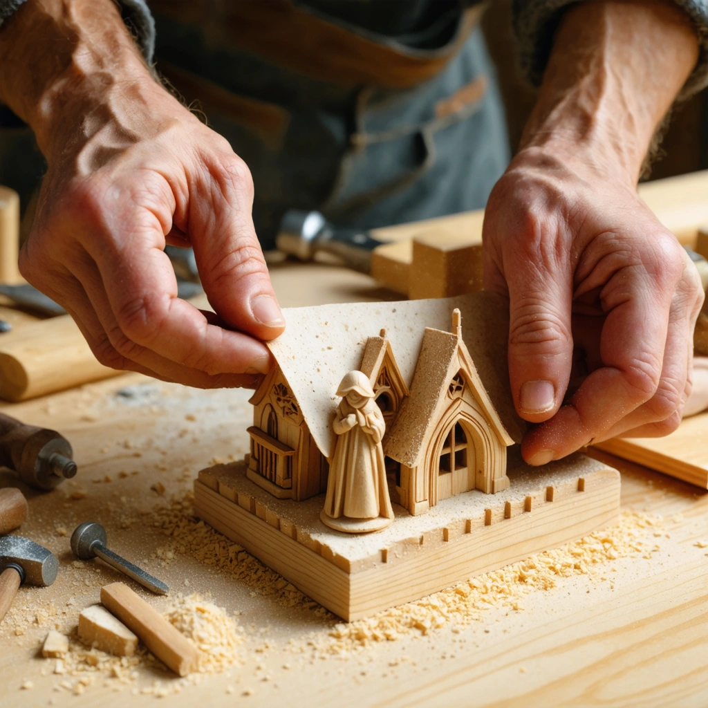 Mains en train de poncer délicatement un petit objet en bois irrégulier, avec des outils et de la sciure sur un établi.