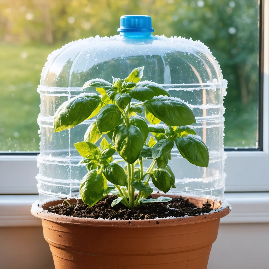 Un jeune plant de basilic protégé du gel grâce à une cloche en plastique et un paillis, exposé à la lumière douce près d'une fenêtre en hiver.