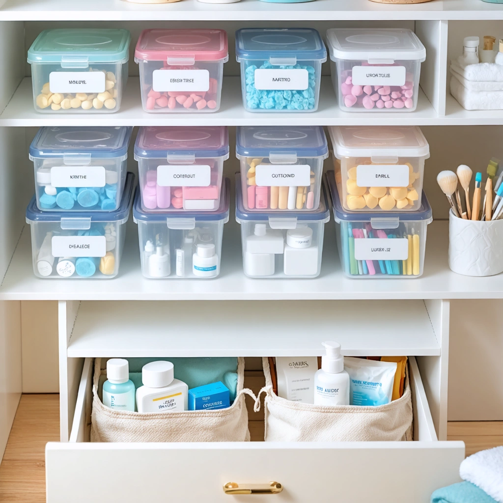 Plusieurs boîtes de médicaments transparentes et colorées rangées sur une étagère, à côté de petits sacs de rangement dans un tiroir, illustrant un espace organisé et lumineux.