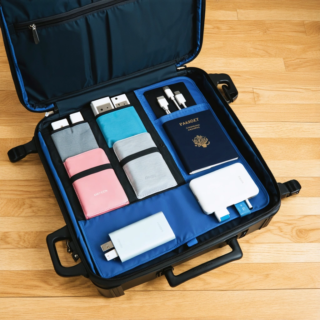 Valise ouverte avec des chargeurs de téléphone soigneusement organisés dans des pochettes colorées, posée sur le sol, entourée d’accessoires de voyage.