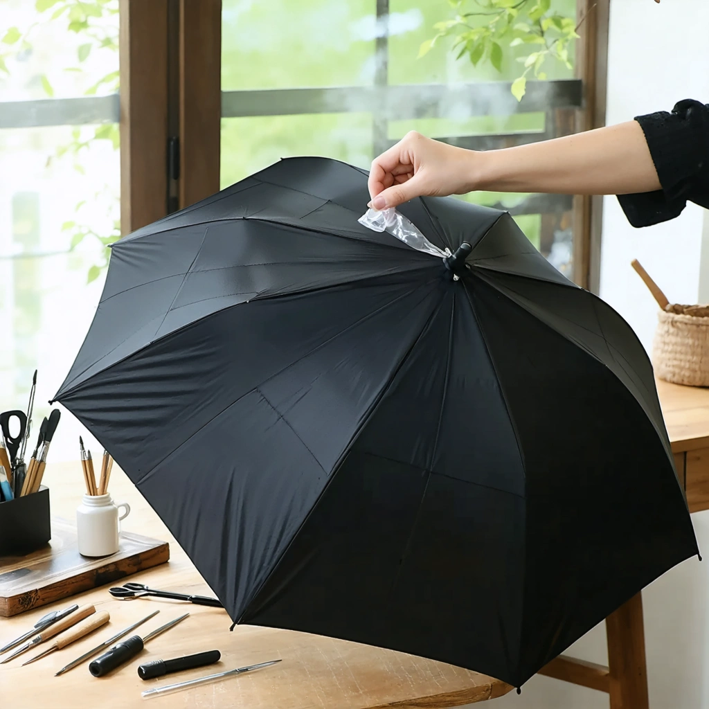 Une femme répare un petit accroc sur un parapluie ouvert posé sur une table en bois, avec des outils de couture à proximité.