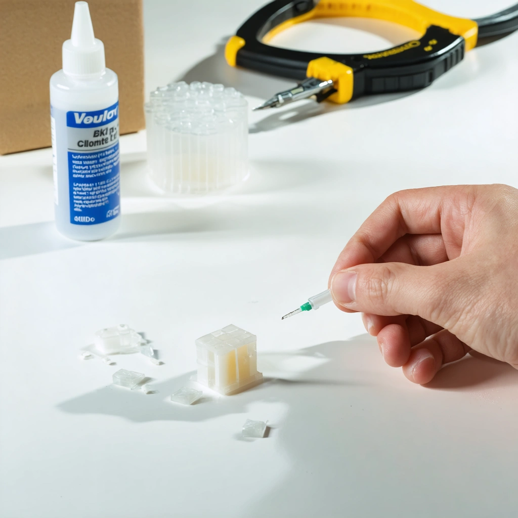 Une personne répare un petit morceau de plastique cassé avec de la colle sur un plan de travail propre, entourée d’accessoires de bricolage.