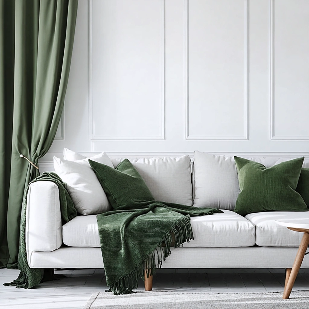 Salon moderne avec murs blancs, rideaux vert sauge et plaid vert olive, décor équilibré sans tout assortir, ambiance chaleureuse et lumineuse.