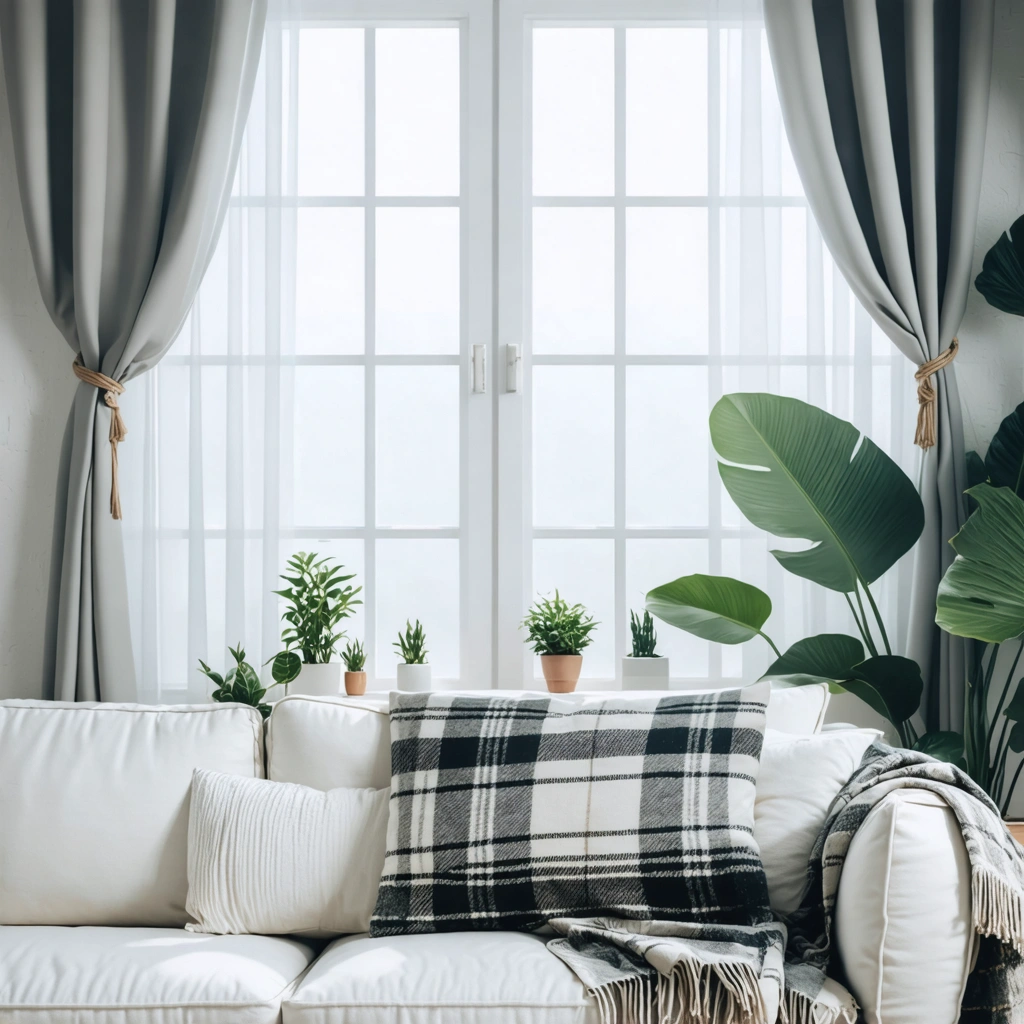 Un salon lumineux avec des murs blancs, des rideaux tendance assortis à un plaid douillet sur le canapé, plantes vertes et ambiance chaleureuse.